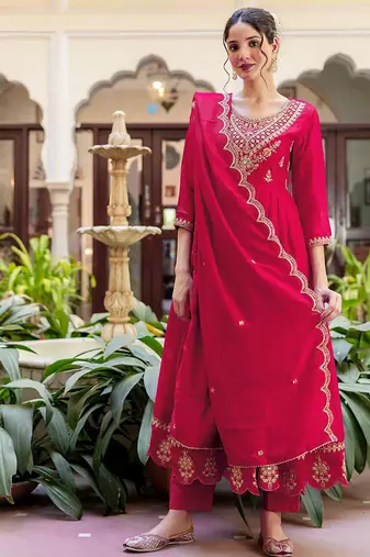 Women's vichitra silk sequins embroidered anarkali kurta pant with dupatta set