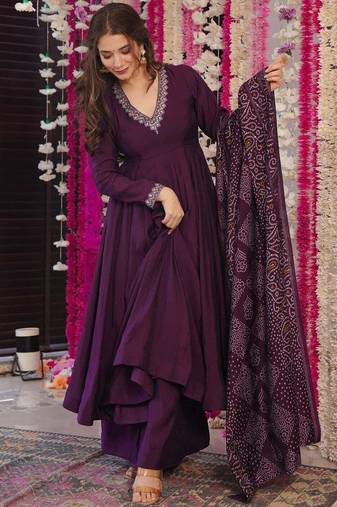 Women's vichitra silk embroidered anarkali kurta palazzo with bandhani dupatta set