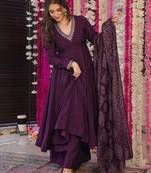 Women's vichitra silk embroidered anarkali kurta palazzo with bandhani dupatta set