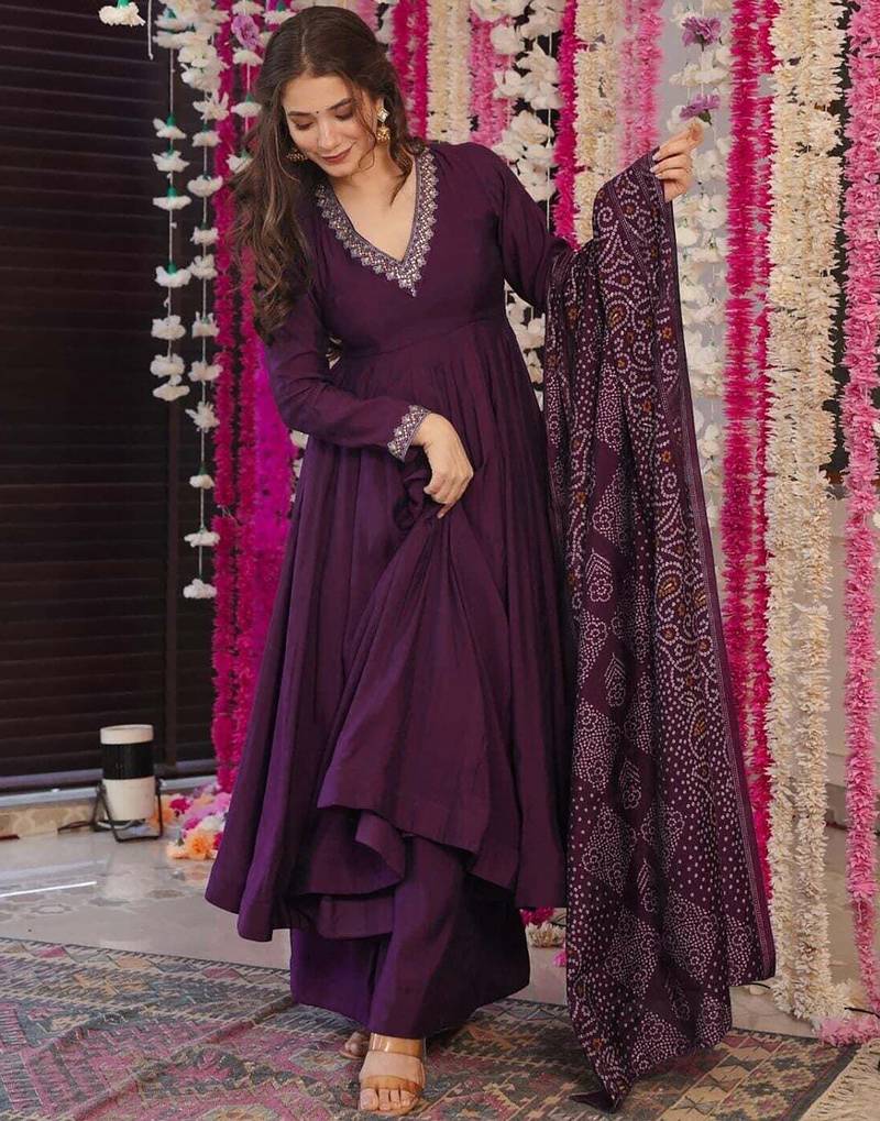 Women's vichitra silk embroidered anarkali kurta palazzo with bandhani dupatta set