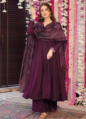 Women's vichitra silk embroidered anarkali kurta palazzo with bandhani dupatta set 2