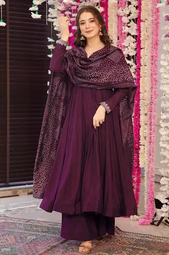 Women's vichitra silk embroidered anarkali kurta palazzo with bandhani dupatta set