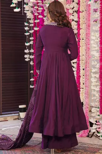 Women's vichitra silk embroidered anarkali kurta palazzo with bandhani dupatta set