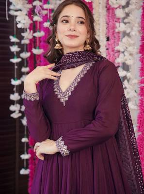 Women's vichitra silk embroidered anarkali kurta palazzo with bandhani dupatta set 4