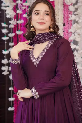 Women's vichitra silk embroidered anarkali kurta palazzo with bandhani dupatta set