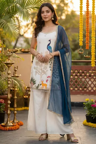 Women's chinnon traditional motiff embroidered kurta palazzo with dupatta set