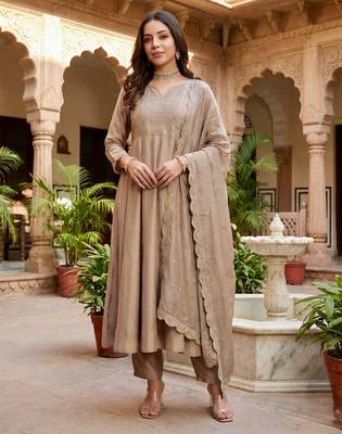 Women's vichitra silk sequins embroidered anarkali kurta pant with dupatta set 1