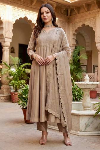 Women's vichitra silk sequins embroidered anarkali kurta pant with dupatta set