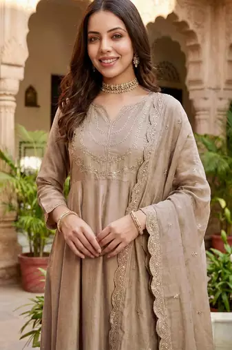 Women's vichitra silk sequins embroidered anarkali kurta pant with dupatta set