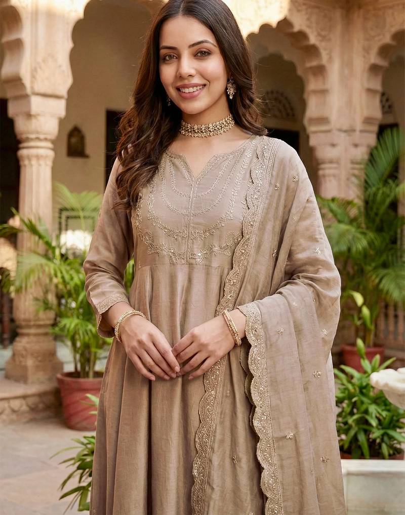 Women's vichitra silk sequins embroidered anarkali kurta pant with dupatta set