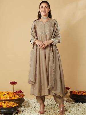 Women's vichitra silk sequins embroidered anarkali kurta pant with dupatta set 3
