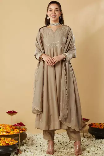 Women's vichitra silk sequins embroidered anarkali kurta pant with dupatta set