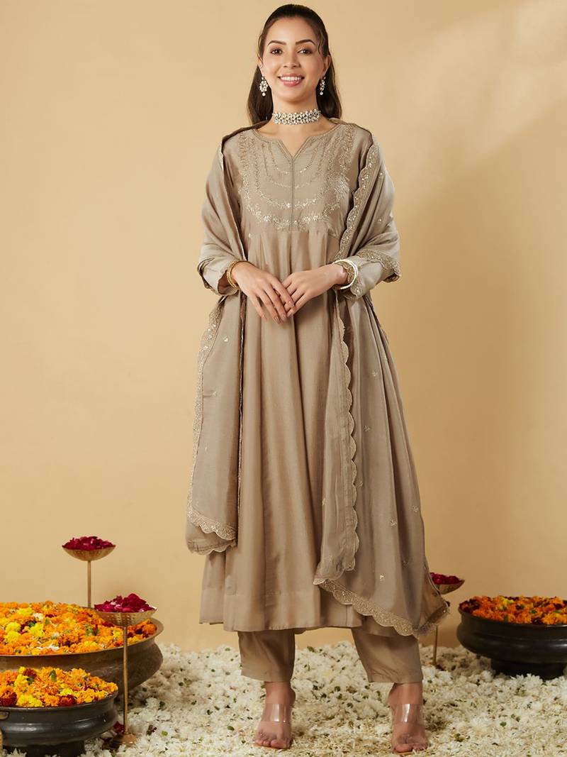 Women's vichitra silk sequins embroidered anarkali kurta pant with dupatta set