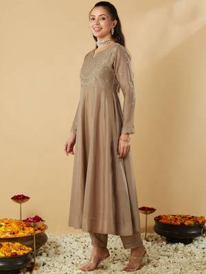 Women's vichitra silk sequins embroidered anarkali kurta pant with dupatta set 4