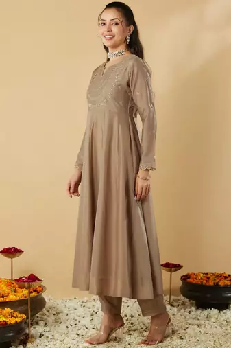 Women's vichitra silk sequins embroidered anarkali kurta pant with dupatta set