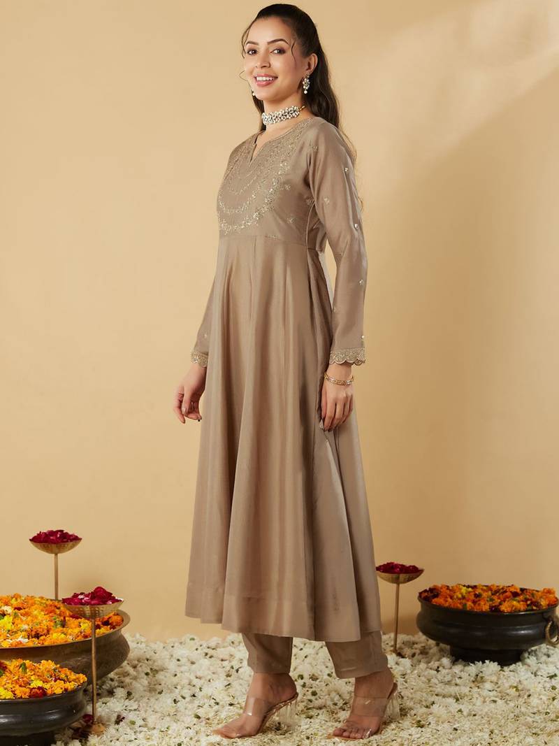 Women's vichitra silk sequins embroidered anarkali kurta pant with dupatta set