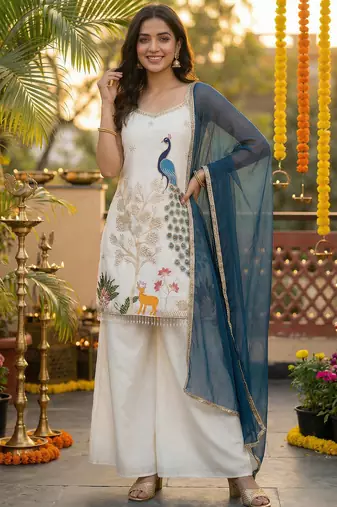 Women's chinnon traditional motiff embroidered kurta palazzo with dupatta set