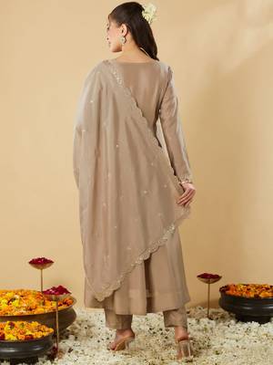 Women's vichitra silk sequins embroidered anarkali kurta pant with dupatta set 5