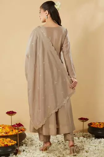 Women's vichitra silk sequins embroidered anarkali kurta pant with dupatta set