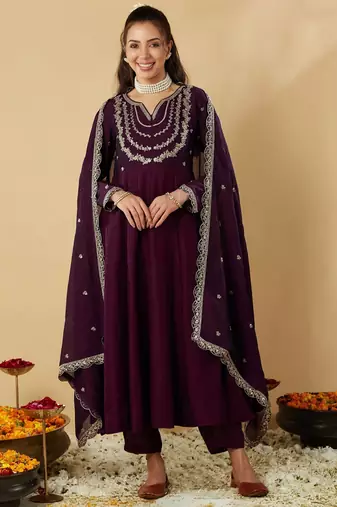 Women's vichitra silk sequins embroidered anarkali kurta pant with dupatta set