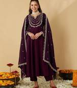 Women's vichitra silk sequins embroidered anarkali kurta pant with dupatta set