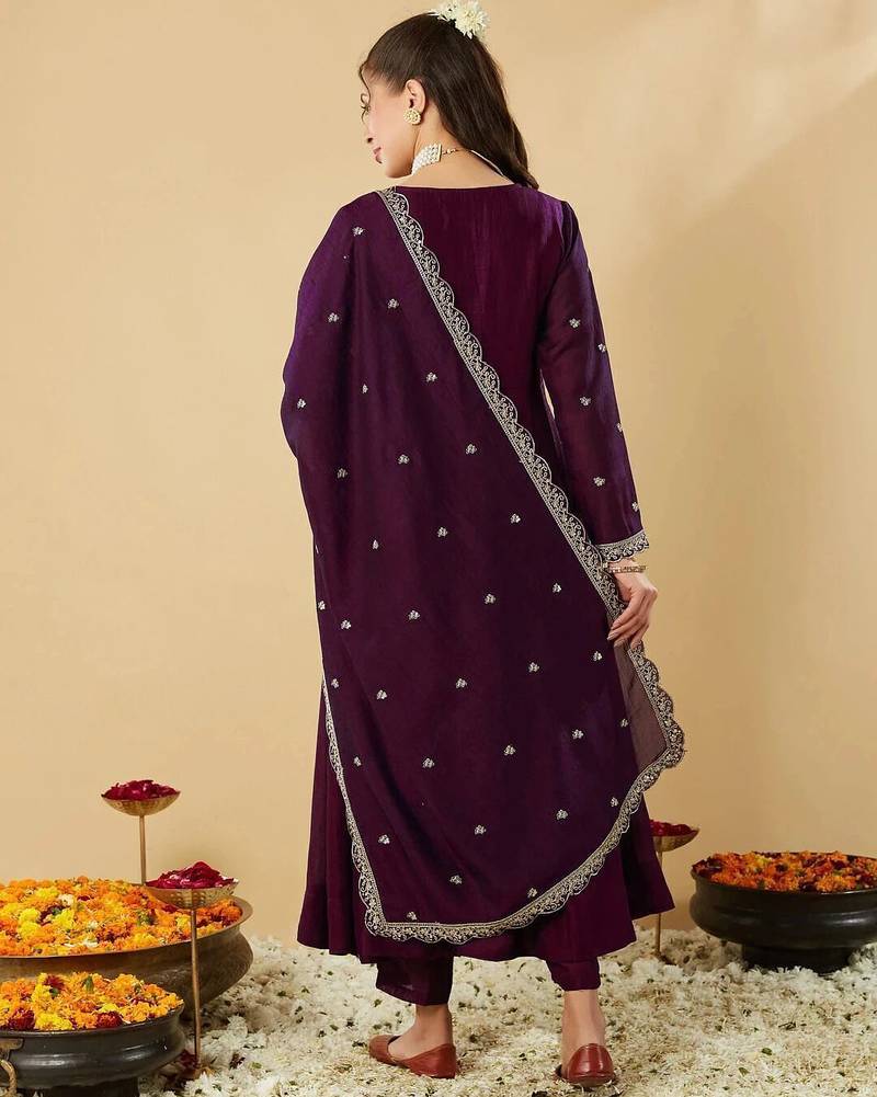 Women's vichitra silk sequins embroidered anarkali kurta pant with dupatta set