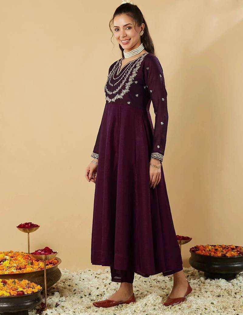 Women's vichitra silk sequins embroidered anarkali kurta pant with dupatta set