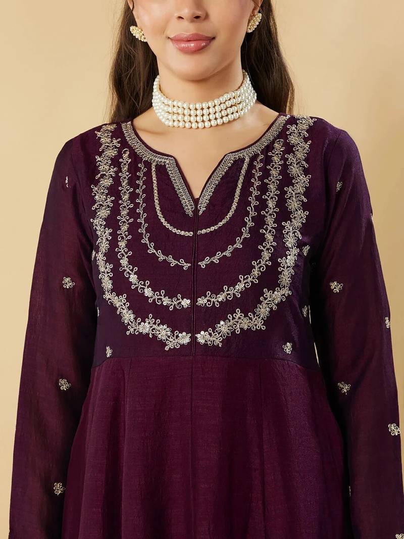 Women's vichitra silk sequins embroidered anarkali kurta pant with dupatta set