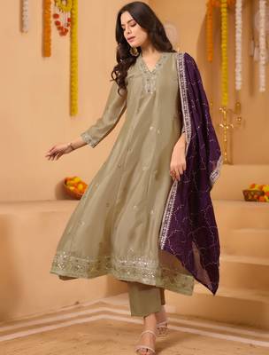 Women's vichitra silk sequins embroidered anarkali kurta pant with dupatta set 1