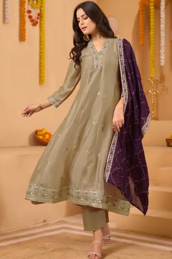 Women's vichitra silk sequins embroidered anarkali kurta pant with dupatta set