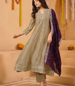 Women's vichitra silk sequins embroidered anarkali kurta pant with dupatta set