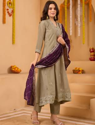 Women's vichitra silk sequins embroidered anarkali kurta pant with dupatta set 2