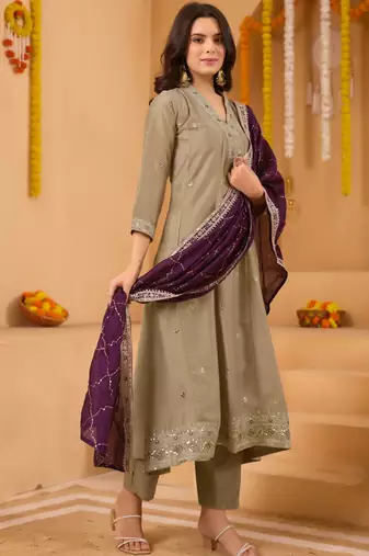 Women's vichitra silk sequins embroidered anarkali kurta pant with dupatta set