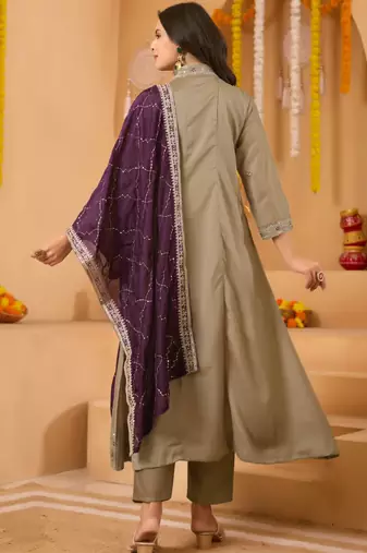 Women's vichitra silk sequins embroidered anarkali kurta pant with dupatta set