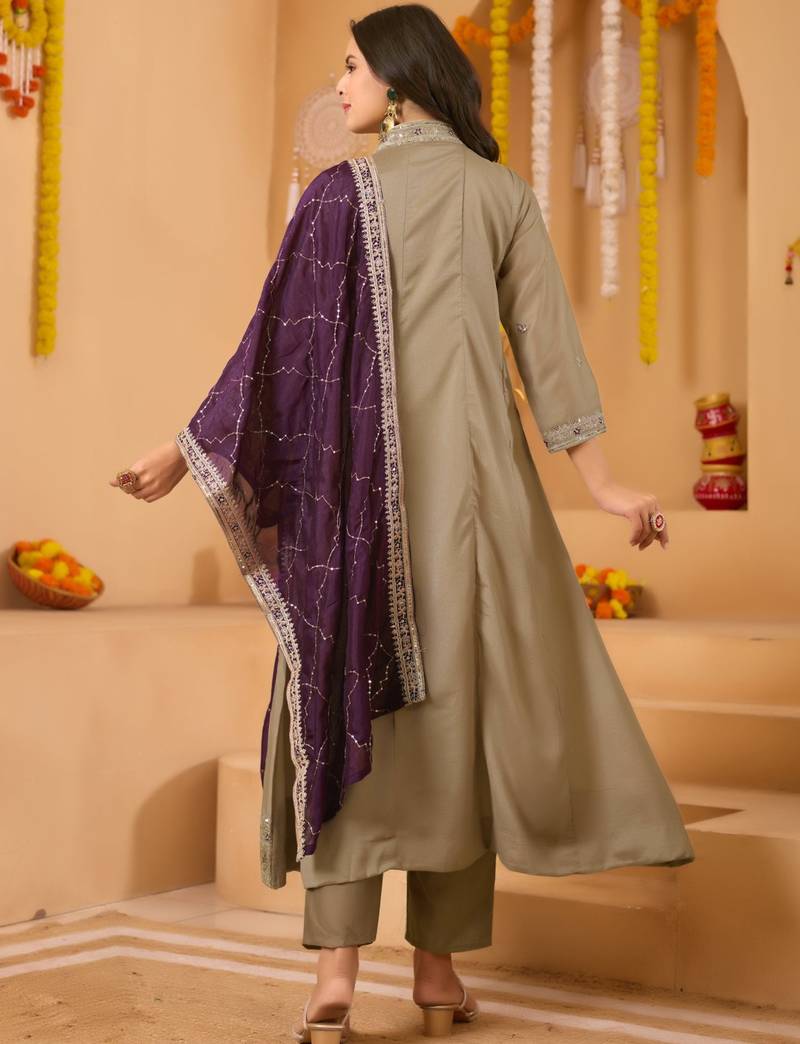 Women's vichitra silk sequins embroidered anarkali kurta pant with dupatta set