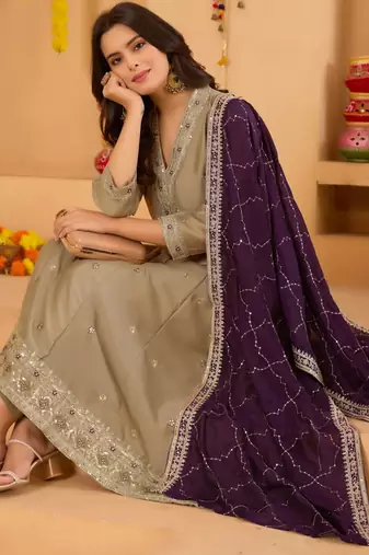 Women's vichitra silk sequins embroidered anarkali kurta pant with dupatta set