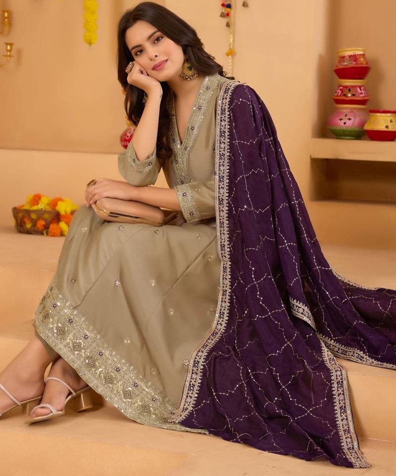 Women's vichitra silk sequins embroidered anarkali kurta pant with dupatta set