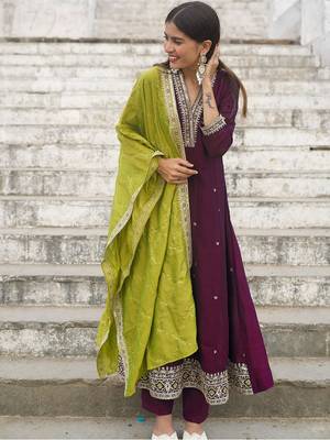 Women's vichitra silk sequins embroidered anarkali kurta pant with dupatta set 1