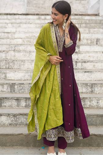 Women's vichitra silk sequins embroidered anarkali kurta pant with dupatta set