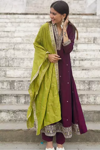 Women's vichitra silk sequins embroidered anarkali kurta pant with dupatta set