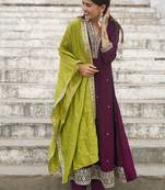 Women's vichitra silk sequins embroidered anarkali kurta pant with dupatta set