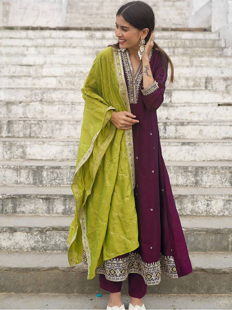 Women's vichitra silk sequins embroidered anarkali kurta pant with dupatta set