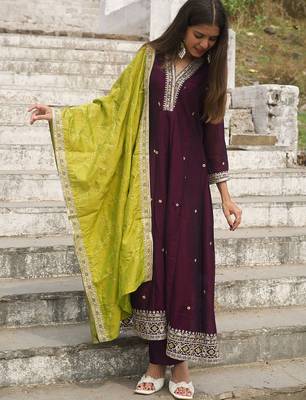 Women's vichitra silk sequins embroidered anarkali kurta pant with dupatta set 2