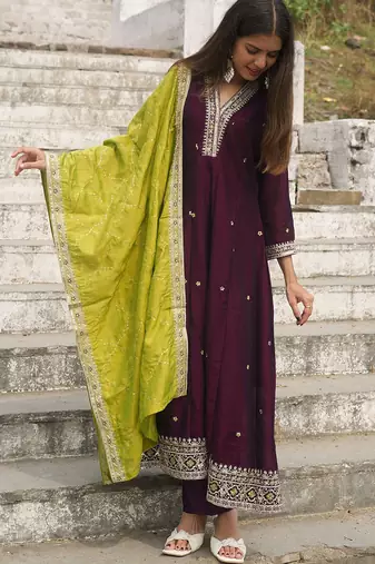 Women's vichitra silk sequins embroidered anarkali kurta pant with dupatta set