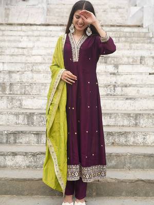 Women's vichitra silk sequins embroidered anarkali kurta pant with dupatta set 3