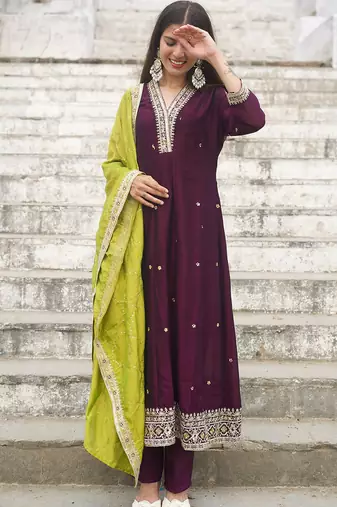 Women's vichitra silk sequins embroidered anarkali kurta pant with dupatta set