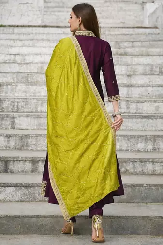 Women's vichitra silk sequins embroidered anarkali kurta pant with dupatta set
