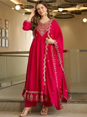 Women's vichitra silk sequins embroidered anarkali kurta pant with dupatta set 1