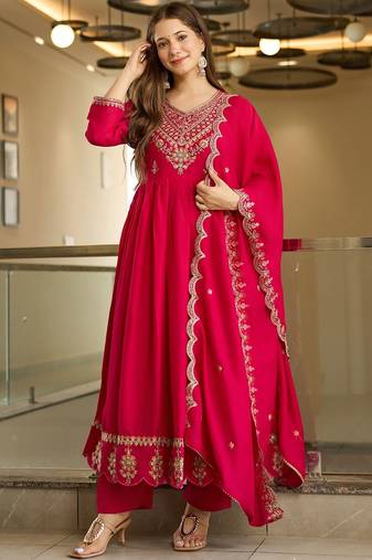 Women's vichitra silk sequins embroidered anarkali kurta pant with dupatta set