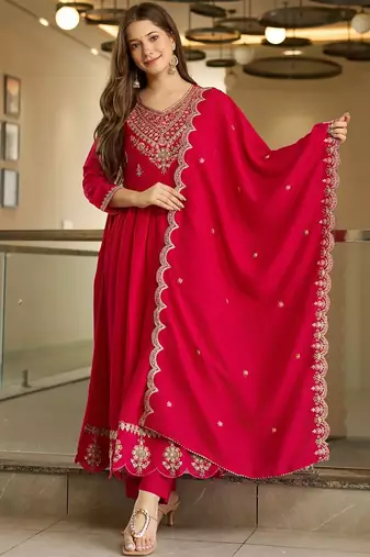 Women's vichitra silk sequins embroidered anarkali kurta pant with dupatta set